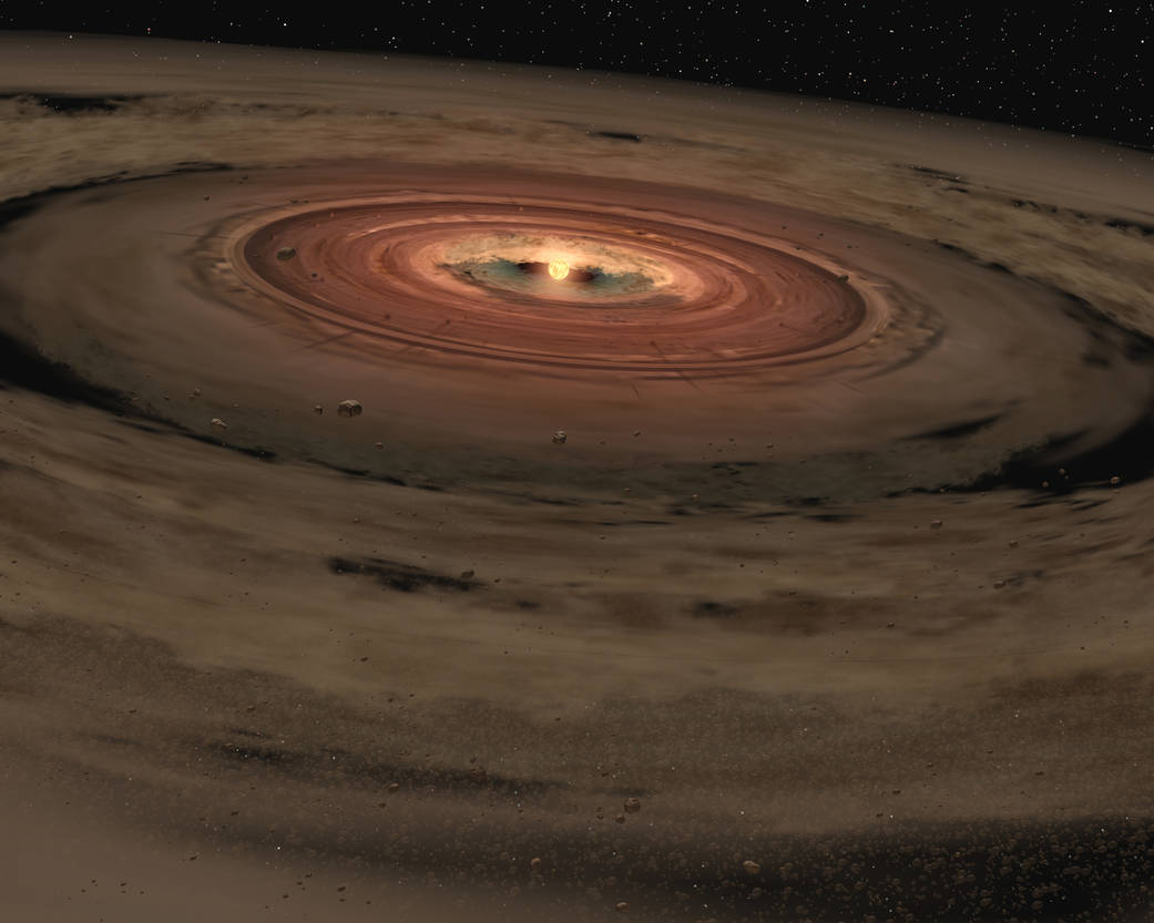 Vue d'artiste de la formation du Système solaire. Au centre, une boule brillante est la protoétoile qui correspond à notre bébé Soleil et le disque de gaz et de matière qui l'entoure est un disque d'accrétion dans lequel vont se former les planètes du Système solaire.