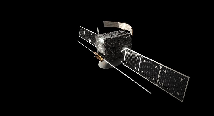 Vue d'artiste de la sonde européenne EnVision, sur fond noir uni. On voit un cube au centre avec la charge utile et les deux bras munis de panneaux solaires de part et d'autre du satellite. 