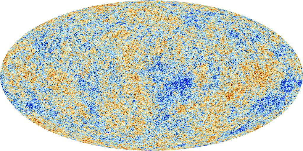 Le fonds diffus cosmologique sondé par le satellite Planck. Couleurs jaune, bleu et rouge mélangées tel du pointillisme, sur toute la surface du ciel (ovale allongé).