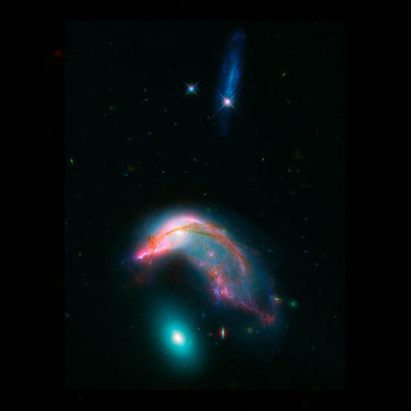 Image combinée de Spitzer et Hubble, de deux galaxies en interaction: NGC 2336 "le pingouin" et NGC 2937 "l'oeuf". L'oeuf en bas de l'image dans les tons bleu brillant, est surplombé par un pingouin rose et turquoise, tordu comme s'il le couvait. 