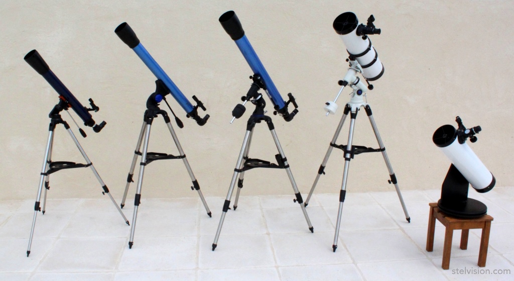 Photo of three refractor telescopes and two reflector telescopes.