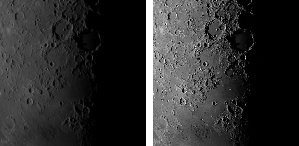 Simulations d'observation de la Lune à fort grossissement avec une petite lunette et un gros télescope d'amateur.