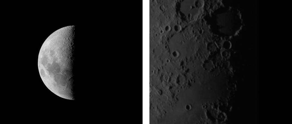 Comparison of images obtained with low and high magnification with a small telescope.