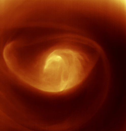 Vortex dans les tons jaune au pôle sud de Vénus - masse tournante de gaz et de nuages - vu par le spectromètre VIRTIS de la mission Venus Express en 2015.