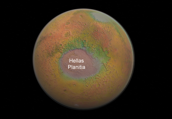 Hellas Planitia, le plus grand cratère d'impact de Mars, représenté sur la planète vue dans son ensemble. 