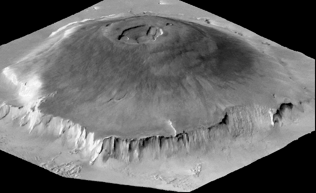 Image en noir et blanc qui représente l'Olympus Mons en 3D. 