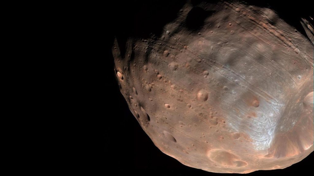 Vue de la partie inférieure, en couleur marron orangé, de Phobos, le satellite naturel le plus proche de Mars.