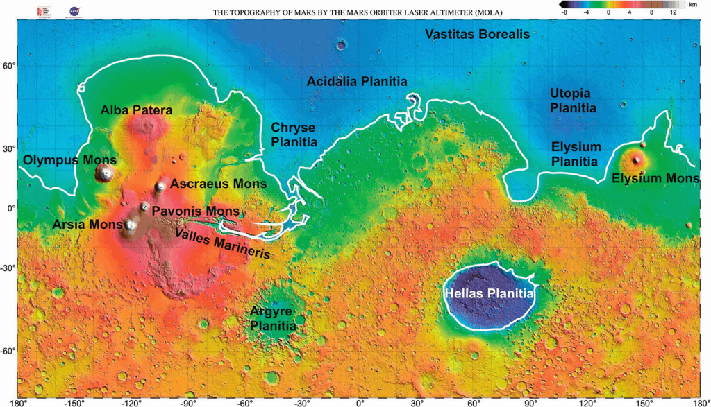 Dichotomie de Mars: planisphère avec l'hémisphère nord en bleu riche en plaines lisses et l'hémisphère sud en orange, truffé de cratères d'impacts anciens. On y voit aussi volcans et canyons.