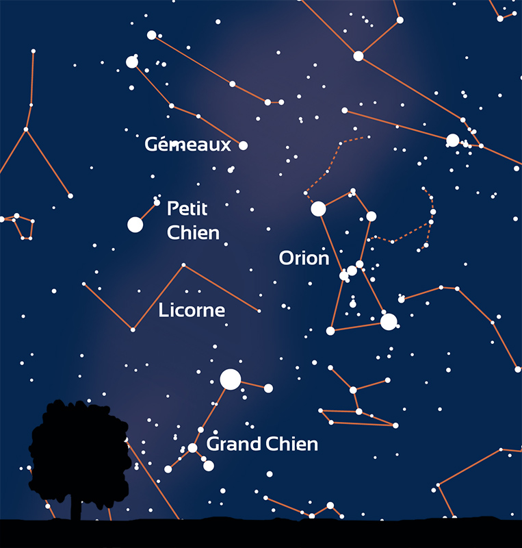 carte du ciel montrant l'emplacement de la constellation d'Orion