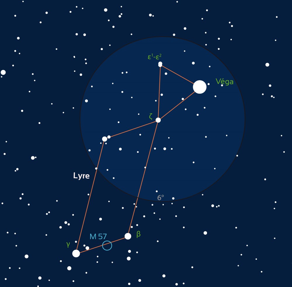 Carte de la constellation de la Lyre. Le cercle indique le champ de vision couvert par des jumelles.