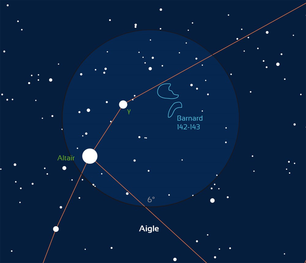 Carte de repérage de Barnard 142 & 143.  Chaque cercle indique le champ de vision couvert par des jumelles.