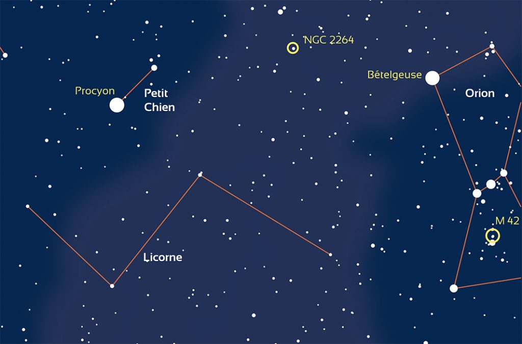 carte de la constellation de la licorne et du petit chien