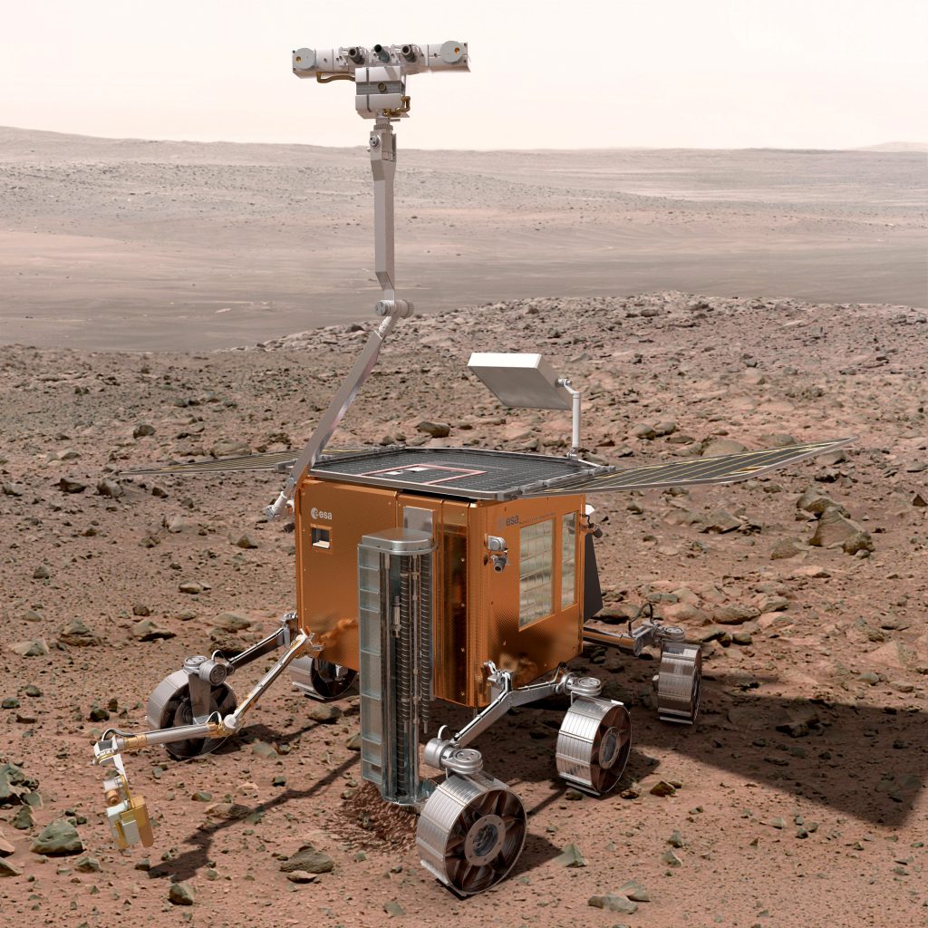 Vue d'artiste du rover européen Exomars sur Mars.