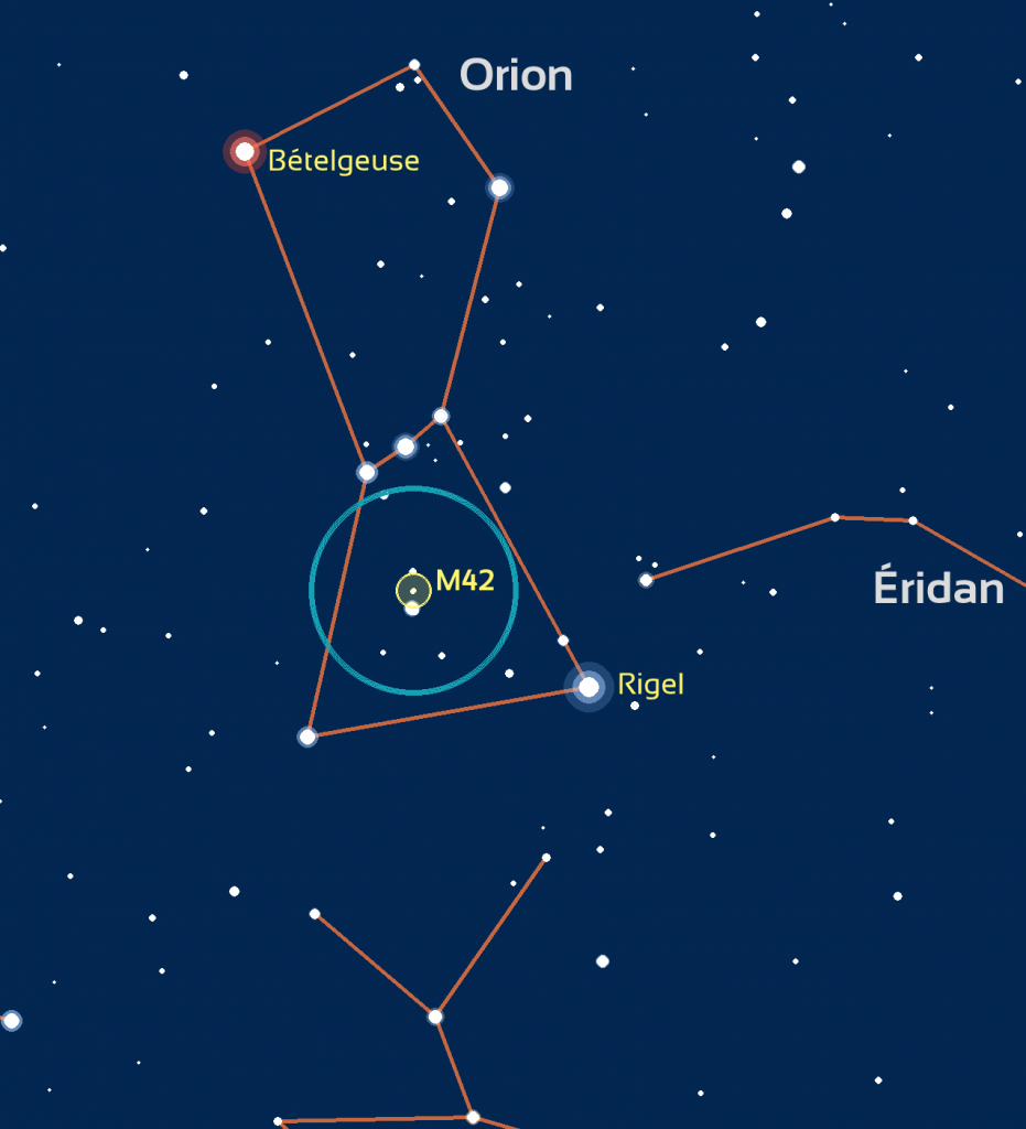 Carte de repérage de M42 : le cercle bleu représente le champ de vision de jumelles standard (6 degrés) ou d'un easyScope.