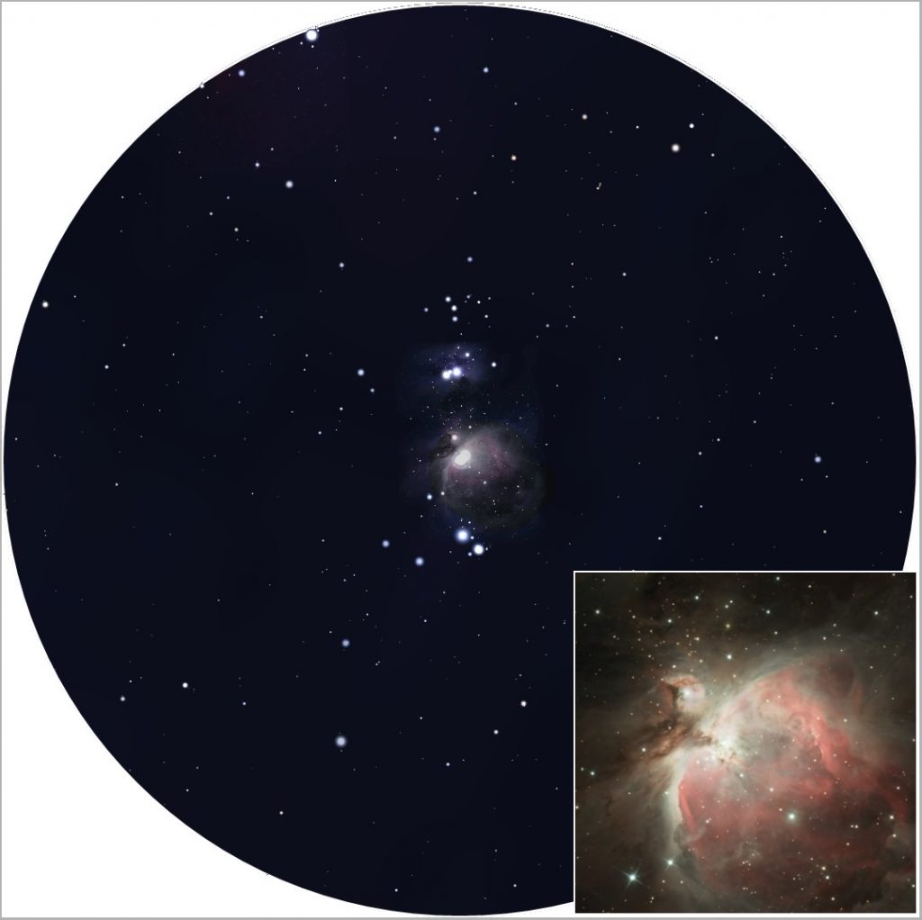 Simulation de la vision de M42 obtenue avec des jumelles (d'après une image Stellarium). En encadré, un cliché pris au télescope par un amateur (image : G. Bauza).