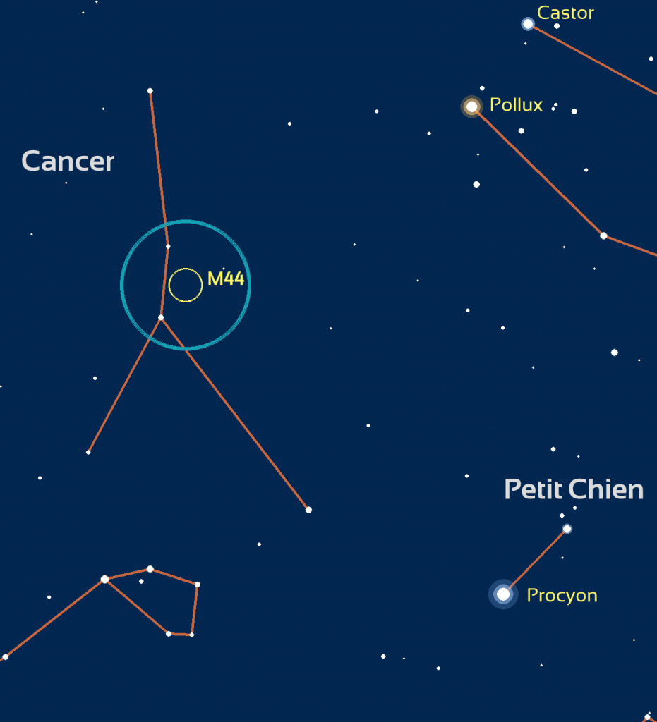 Carte de repérage de M44 : le cercle bleu représente le champ de vision de jumelles standard (6 degrés) ou d’un easyScope. 