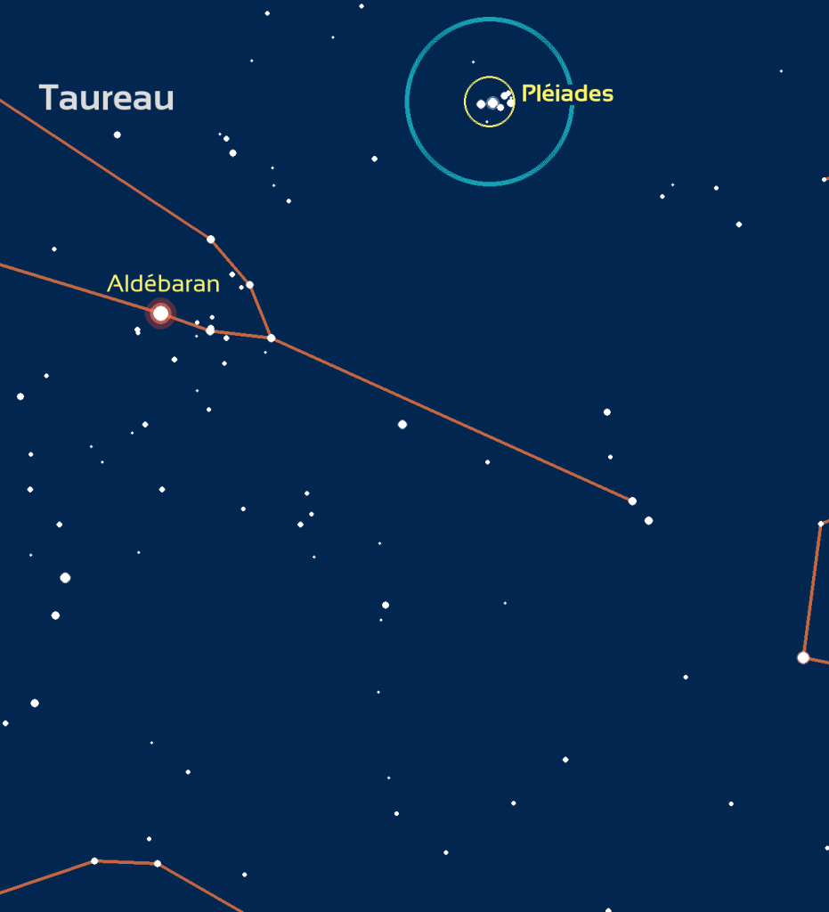 Carte de repérage des Pléiades : le cercle bleu représente le champ de vision de jumelles standard (6 degrés) ou d’un easyScope. 