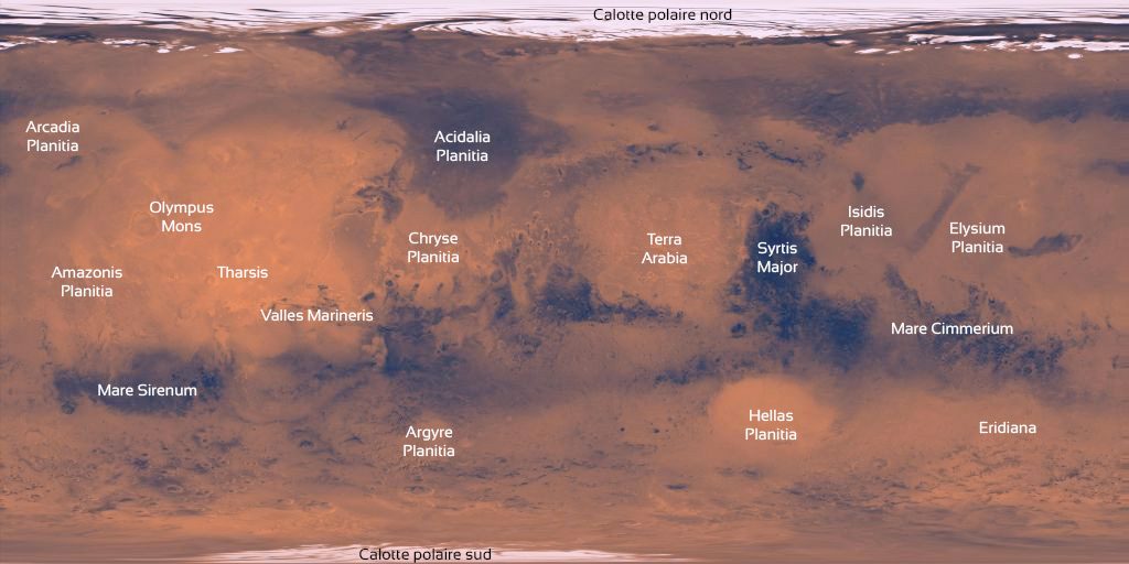 Carte de la surface de Mars légendée