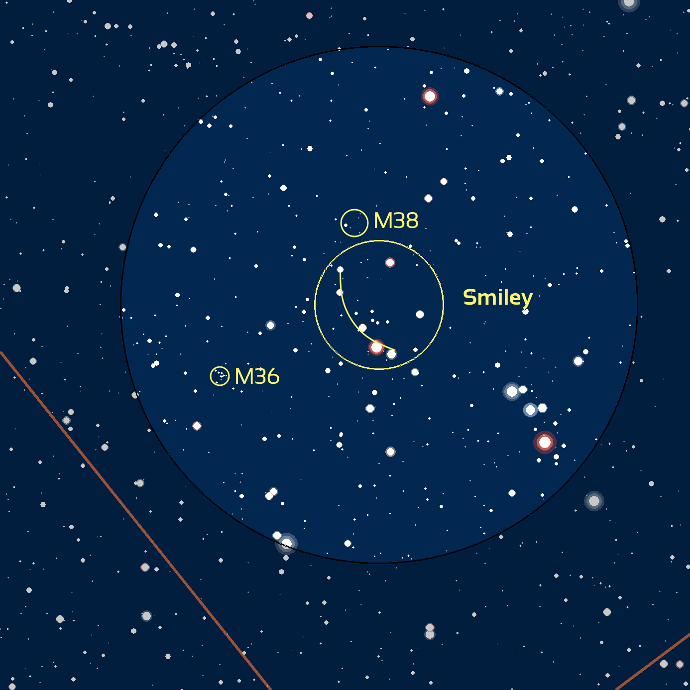 Carte du ciel M38 M36 dans la constellation du smiley