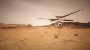 Vue d'artiste d'un hélicoptère de la Nasa posé sur le sol rouge de Mars dans le cadre de la mission Mars 2020.