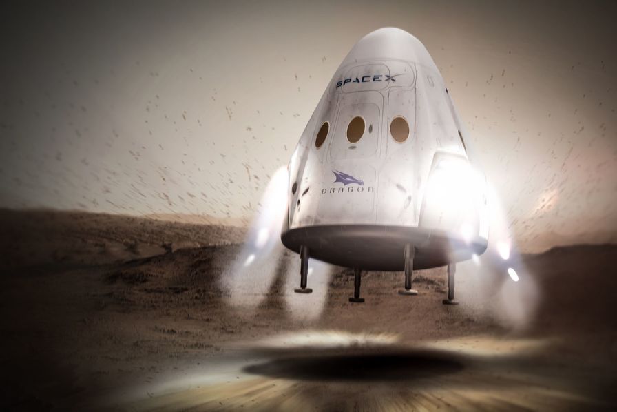 Vue d'artiste de la La capsule Red Dragon de SpaceX qui pourrait transporter sept astronautes.