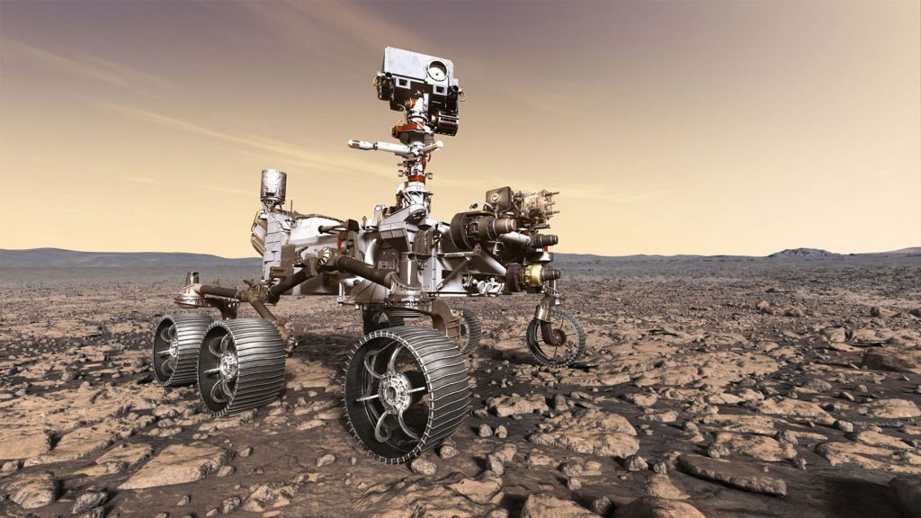 Vue d'artiste du rover Mars 2020 en situation sur le sol martien 