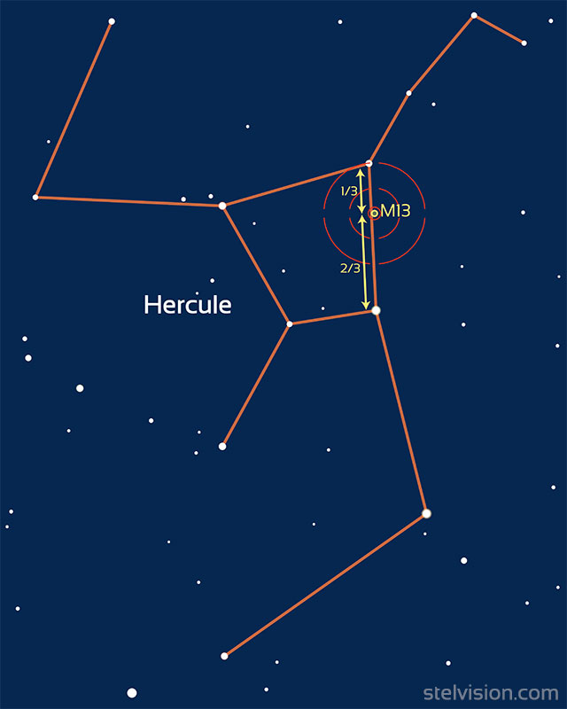 Localisation de l'amas globulaire M13 dans Hercule.