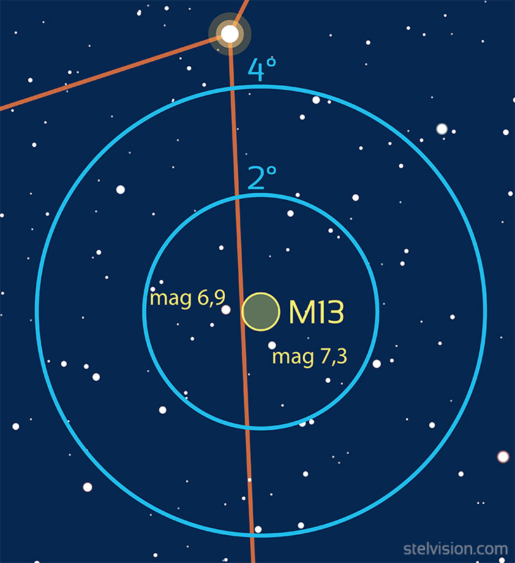 Carte de repérage de l'amas globulaire M13 aux instruments.