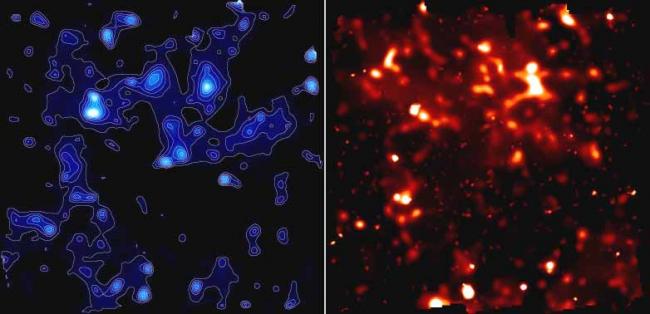 Deux images en couleur bleu à droite (matière noire) et en couleur rouge à gauche (matière ordinaire) sur une même région de l'Univers.