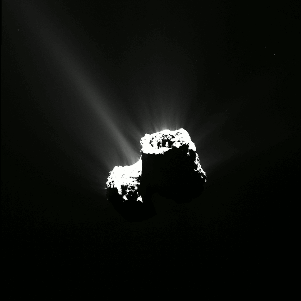 Film en noir et blanc qui montre la rotation de la comète 67P sur elle-même, vue par la sonde Rosetta.