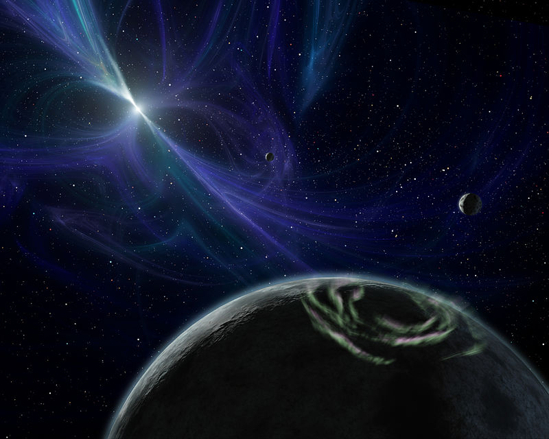 Vue d'artiste en couleurs bleues des quatre premières exoplanètes à avoir été découvertes, en orbite autour du pulsar Liche.