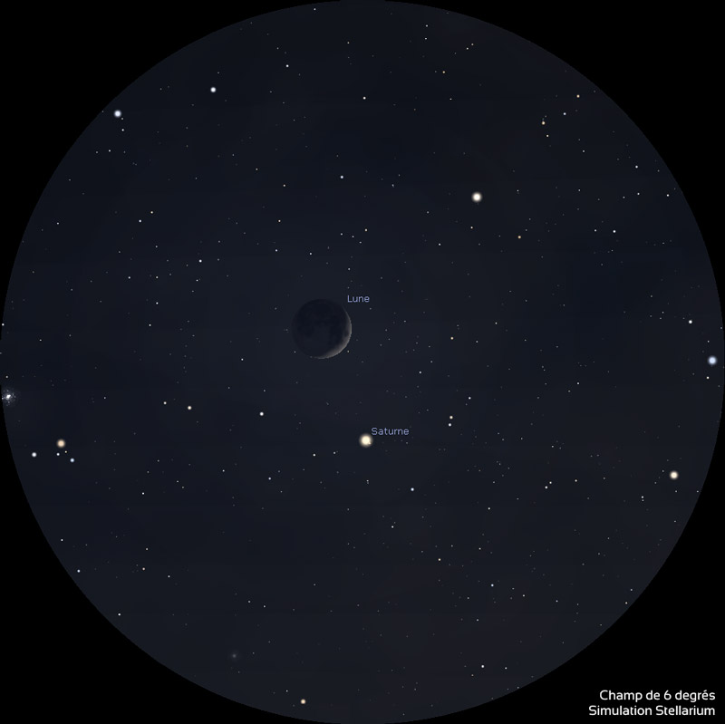 Simulation de la vue aux jumelles du rapprochement Lune-Saturne du 11 novembre 2018.