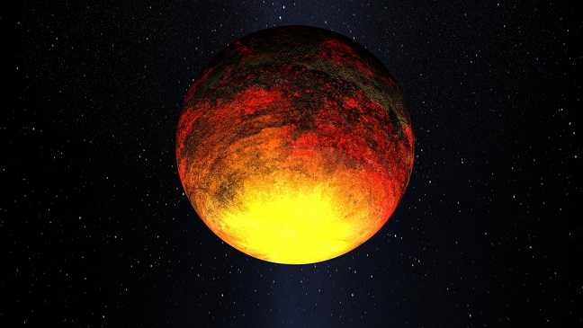 Kepler-10 b, la première exoplanète découverte par la traqueur Kepler, pourrait être recouverte d'un océan de lave en dégradé du jaune vers l'orange et le noir.