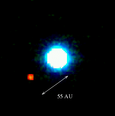 Première exoplanète imagée directement, un point rouge à 55 unités astronomiques de son étoile, gros point blanc et brillant.