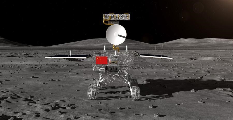 Vue d'artiste de l'alunisseur de la sonde Change'e-4, qui a atterri sur la Lune début janvier : on voit le module sur le sol lunaire, arborant un drapeau chinois.