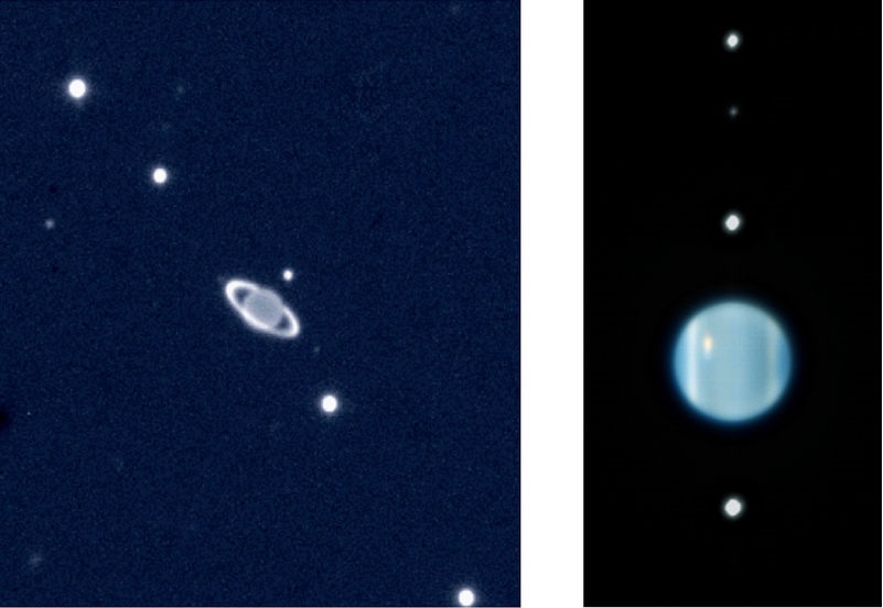 Deux images du système uranien : on y voit la planète entourée de ses satellites. Sur l'image de gauche, elle a des anneaux, pas sur celle de droite, plus zoomée.