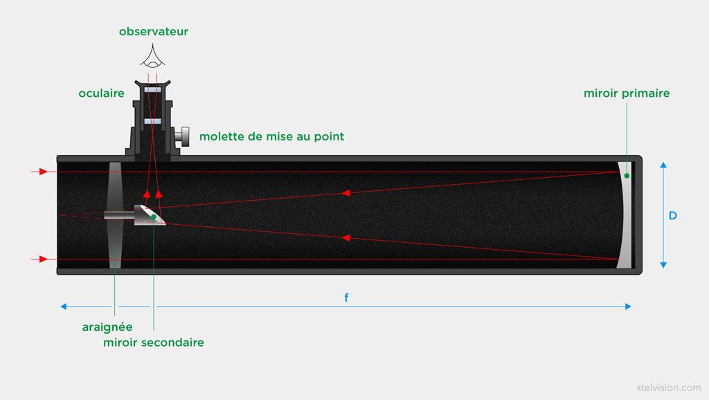 Schéma du principe optique du télescope Newton, montrant un tube optique coupé dans le sens de la longueur.