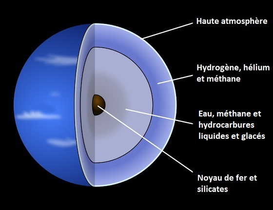 Schéma de la structure interne de Neptune. On y voit une coupe de la planète avec le noyau au centre (marron), entouré d'une couche bleu-gris (glaces et liquides d'eau, ammoniac et méthane), et d'une couche bleu lavande qui représente l'atmosphère.