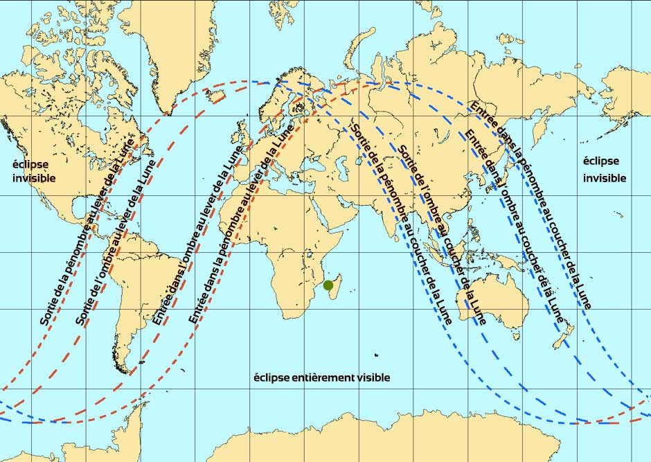 Carte représentant les zones de visibilité de l'éclipse partielle de Lune  du 16 juillet 2019 dans le monde