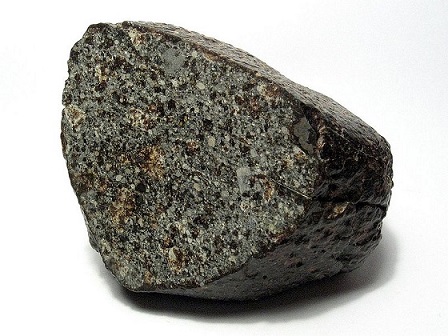 Météorite de type chondrite, exposée sur fond blanc. Elle est gris foncé avec des petits points en différentes nuances de gris, les chondrules. 