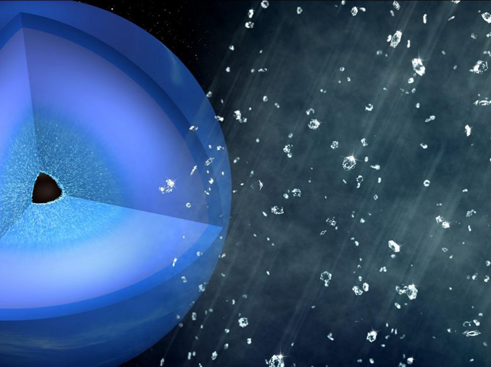 Illustration d'une pluie de diamants sur Neptune. On y voit la planète en coupe et des petits diamants qui y tombent, un peu partout sur l'image.