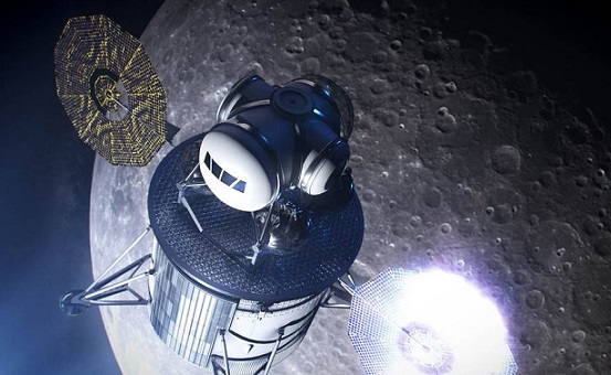 Vue d'artiste d'un engin permettant de faire atterrir les astronautes d'Artemis sur la Lune : on voit ce module en orbite basse autour de la Lune.