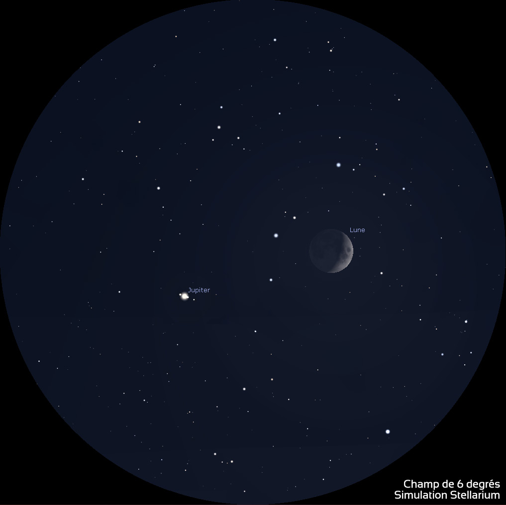 Illustration tirée de Stellarium montrant la Lune et Jupiter aux jumelles 10x50 le 3 octobre 2019.
