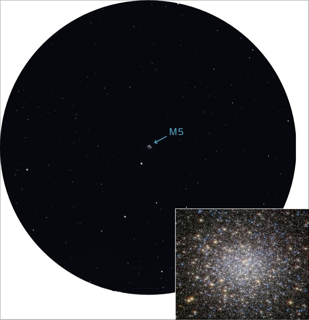 Simulation de la vision de M5 obtenue avec des jumelles (d’après une image Stellarium). En encadré, une photo prise par le télescope spatial Hubble (crédit : ESA/Hubble, NASA). 