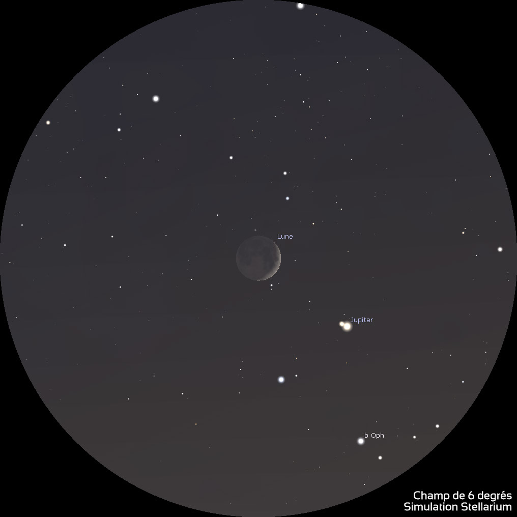 Simulation du logiciel Stellarium : aspect de la Lune et Jupiter aux jumelles 10x50, le 31 octobre 2019 vers 18h30 (heure de Paris).