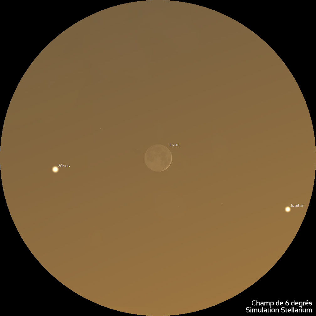 Simulation du logiciel Stellarium : aspect de la Lune, Vénus Jupiter aux jumelles 10x50, le 28 novembre 2019 vers 17h30 (heure de Paris).