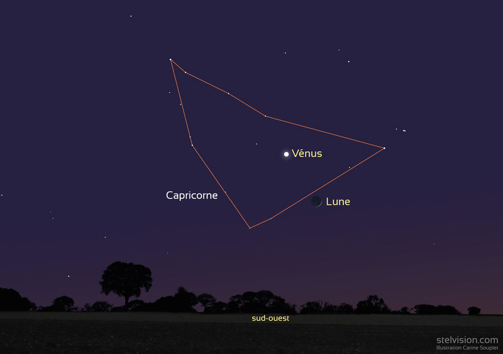 Illustration montrant la position de la Lune et de Vénus le 28 décembre 2019 vers 18h (heure de Paris).