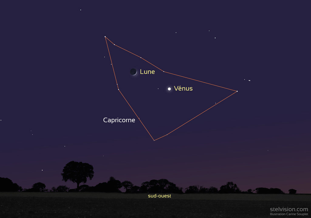Illustration montrant la position de la Lune et de Vénus le 29 décembre 2019 vers 18h (heure de Paris), au cœur de la constellation du Capricorne.