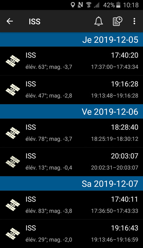 Capture d'écran de l'application Heavens Above (liste des passages d'ISS).