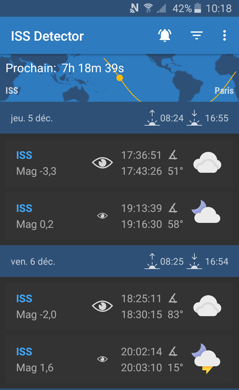 Capture d'écran de l'application ISS Detector (liste des passages d'ISS).